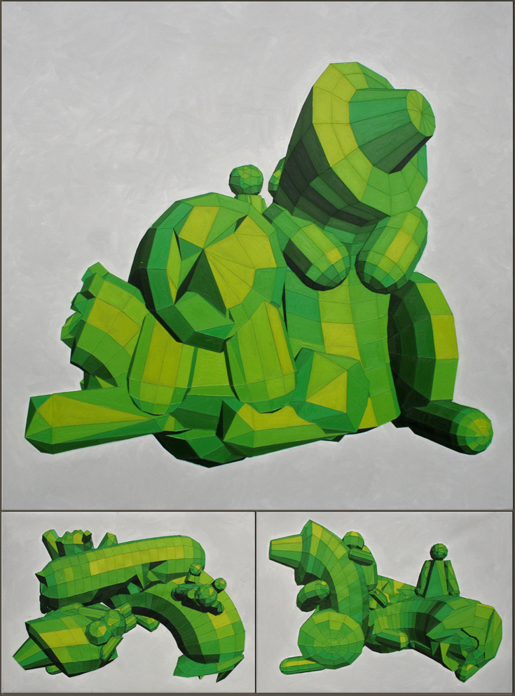 low poly sculpture of animals with two children